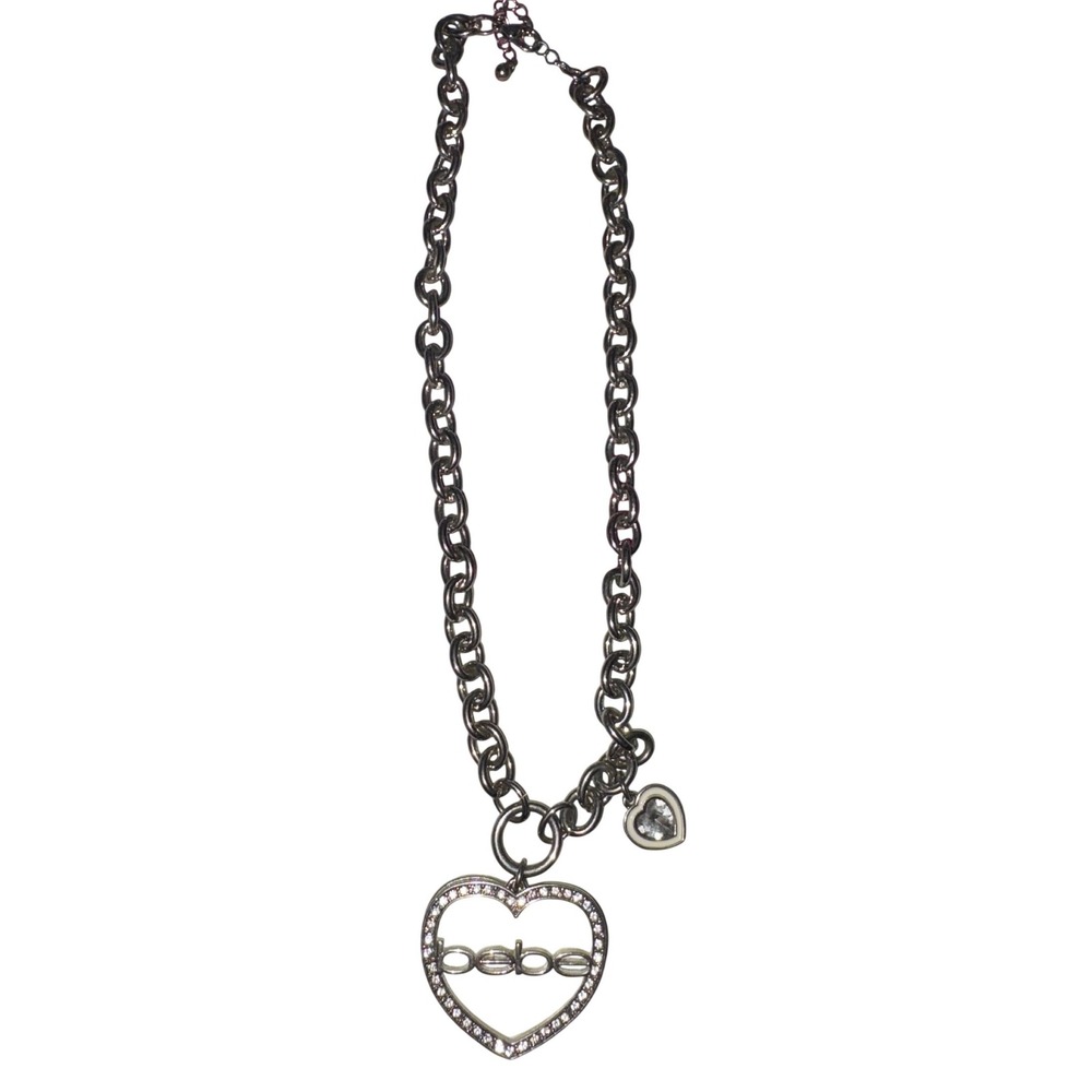 Bebe Silver-Tone Heart‎ Necklace – Rhinestone Detail – Pre-Owned